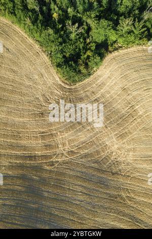 Luftaufnahmen von der Form der landwirtschaftlichen Flächen im Spätsommer in der Toskana Italien Stockfoto