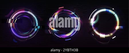 Kreisförmiger Rahmen mit Glitzer- und Neonlicht-Effekt. Digitale runde, geometrische Lichteinfassung mit Vintage-vhs-Verzerrung. Realistischer Vektorillustrationssatz von Stock Vektor