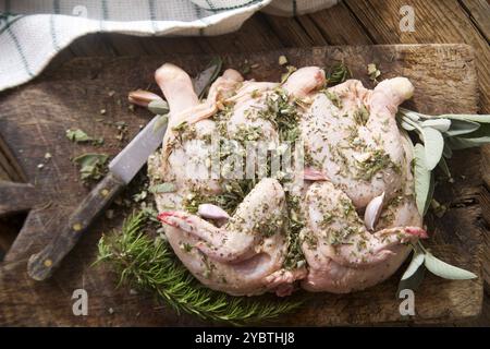 Zubereitung eines ganzen Hähnchens mit mediterranen Kräutern Stockfoto