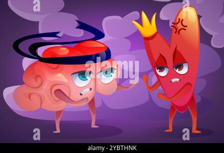 Herz-Geist-Beziehungen und Verbindungskonzept. Menschliche Organe, Zeichentrickfiguren kämpfen. Gehirn und Herz kämpfen um Intelligenz und Emotionshaushalt. Stock Vektor