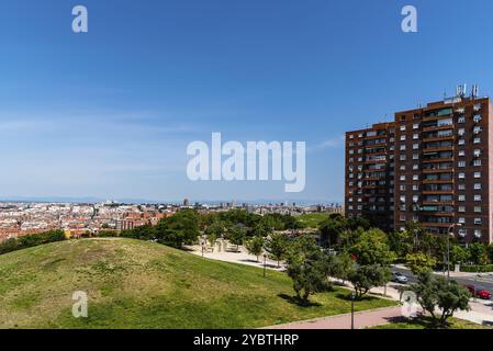 Skyline von Madrid vom Tio Pio Park. Luftbild Stadtbild ein sonniger Tag Stockfoto