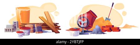 Baumaterial stapelt Cartoon-Set mit Aschenstein und Ziegeln, roter Betonmischer und Zement im Paket, Schaufel im Sandstapel und Farbe im Eimer mit Stock Vektor