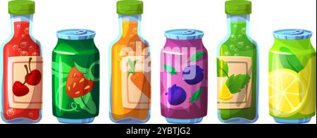 Soda Dose und Fruchtsaft Flasche Getränk Symbol Vektor. Cocktailverpackung mit kohlensäurehaltiger Limonade. Puzzy Sugar Tee im trendigen Aluminiumpaket. Orange, Zitrone und Be Stock Vektor