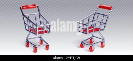 Supermarkt-Metallwagen mit roten Kunststoffelementen in zwei Blickwinkeln auf transparentem Hintergrund. Realistischer 3D-Vektorsatz leerer Ladenhändler Stock Vektor