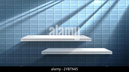 Weißes Regal an blauer Fliesenwand mit Schatten vom Fenster. Realistische 3D-Vektor-Illustration des Badezimmer- oder Kücheninnenraums mit Produktpodium. Anzeige p Stock Vektor
