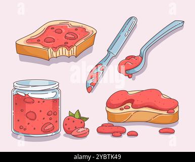 Brottoast mit Erdbeermarmelade, Messer und Löffel, Marmelade im Glas und ganze Beere. Cartoon-Vektor süß gebissenes quadratisches Sandwich mit Haus Stock Vektor