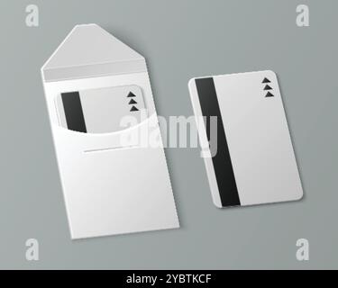 Schlüsselkarte mit Cover Mockup. Realistische Vektor-Illustration des Hotels und des Bürozimmers oder der Wohnung weiß leere Plastikschlüsselkarte Vorlage mit magnetischem str Stock Vektor