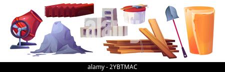 Baumaterialstapel. Vektorsymbol für Ziegelstapel. Isoliertes Zeichentrick-Grafikset für Hausbau. Versorgung mit Holz, Zementpulver, aufgehacktem Aschu und Mischer Stock Vektor