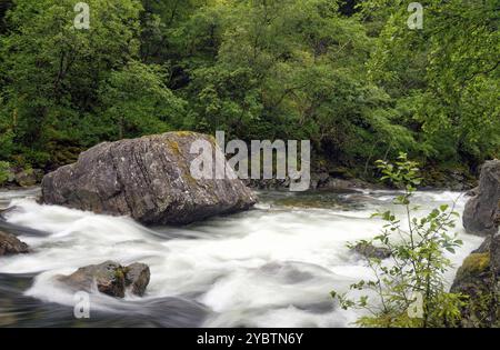 Stromschnellen mit einem großen Felsen im Fluss Stalheimelvi in der Nähe des norwegischen Weilers Stalheim Stockfoto