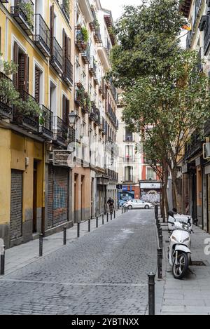 Madrid, Spanien, 4. Oktober 2020: Traditionelle Straße in Embajadores im Lavapies-Viertel im Zentrum von Madrid. Lavapies ist einer der coolsten Nachbarn Stockfoto