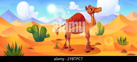 Arabische oder ägyptische Wüstenlandschaft mit niedlichem Kamel mit Sattel auf dem Hintergrund von Sanddünen, grünen Kakteen und Gras unter blauem sonnigem Himmel. Cartoon-VEC Stock Vektor
