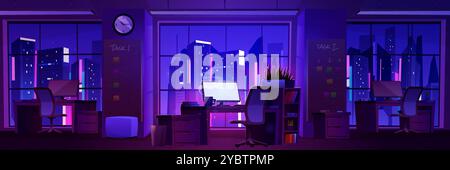 In der Nacht leeres Business-Büro oder Coworking Room mit Computermonitor auf Tischen, Tafel mit Aufgabenschildern und neonleuchtendem Stadtfenster. Ca Stock Vektor