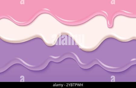 Süße Creme Tropf. Rosa Süßigkeiten Schleim Farbe flüssiger Hintergrund. Jelly Dessert Flow Textur. 3D Hochglanzsirup Glasur Wellenbanner. Abstraktes Pastell-Bubblegum y Stock Vektor