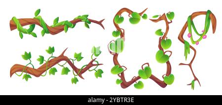 Lange Lianenrebe und rechteckiger Rahmen mit grünen Blättern und Blüten. Dschungel-Pflanzenzweige für das Design von spieloberflächen. Zeichentrickvektor Illustration Satz Regen Stock Vektor