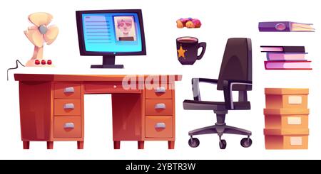 Innenausstattung und Ausstattung des Polizeibüros. Cartoon Vektor Detective und Investigator Room Elemente - Schreibtisch und Stuhl, Computermonitor mit Suspec Stock Vektor