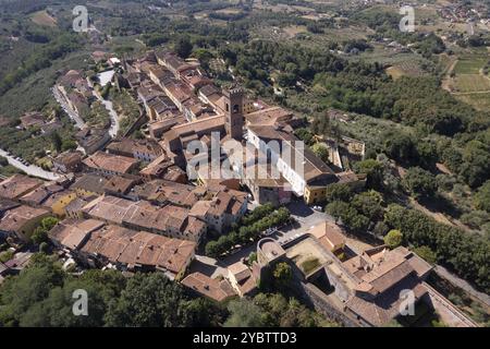 Luftbilddokumentation der mittelalterlichen Stadt Montecarlo in der Provinz Lucca in der Toskana Stockfoto