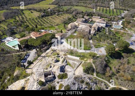 Luftbilddokumentation des alten Dorfes Bagno Vignoni in der Toskana (Italien) Stockfoto