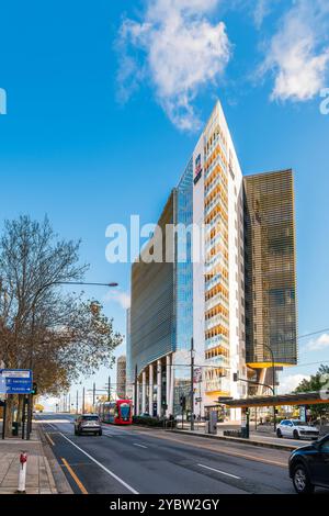 Adelaide, South Australia - 14. Juli 2024: Campus der University of Adelaide North Terrace mit Straßenbahnen an der Haltestelle, von der Straße aus gesehen an einem Tag Stockfoto