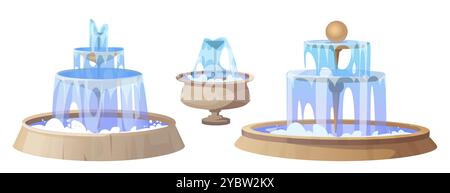 Runde Springbrunnen, isoliert auf weißem Hintergrund. Vektor-Karikaturillustration von Park- oder Gartenlandschaft Design-Elementen, Steinschalen mit klarem Blau Stock Vektor