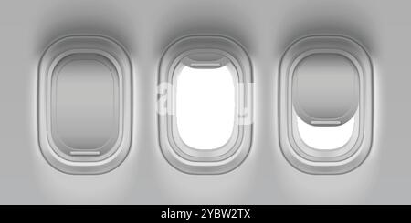 Fenster mit geschlossener, geöffneter und offener Ebene von innen. Realistische 3D-Vektor-Illustration der Flugzeugporthole während des Fluges. Rumpf Beifahrersitz. Fliegen Stock Vektor