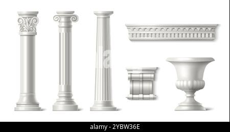 Antike römische Säule, Steinsäule und Vase. Realistische 3D-Vektor-Illustration Satz von weißen antiken griechischen Marmor Tempel Bauelemente. Griechen baro Stock Vektor