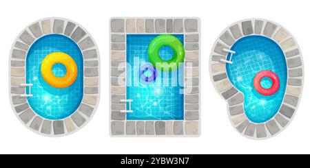 Pools mit Blick von oben, isoliert auf weiß. Vektor-Karikaturillustration des runden und quadratischen Bades mit klarem blauem Wasser im Steinrahmen, Farbgummi Stock Vektor