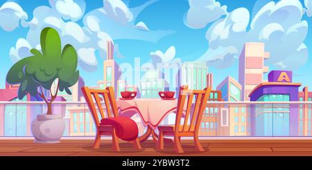 Café-Tisch und -Stühle auf der Dachterrasse mit mehrstöckigen Gebäuden der Stadt hinter Geländern. Cartoon Vektor Holzbalkon mit Cafeteria oder Hoteleinrichtung Stock Vektor