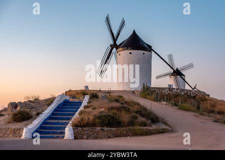 Berühmte historische Windmühlen in Consuegra während des Sonnenaufgangs, Spanien, bekannt aus dem Roman Don Quichotte von Cervantes Stockfoto