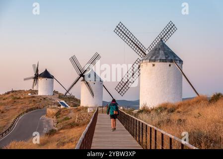 Berühmte historische Windmühlen in Consuegra während des Sonnenaufgangs, Spanien, bekannt aus dem Roman Don Quichotte von Cervantes Stockfoto