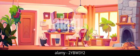 Im Studentenzimmer mit Kamin. Vektor-Cartoon-Illustration des Home Office-Arbeitsplatzes mit Pflanzen, Buchstapeln und Ordnern in der Nähe von Desktop-Computern Stock Vektor