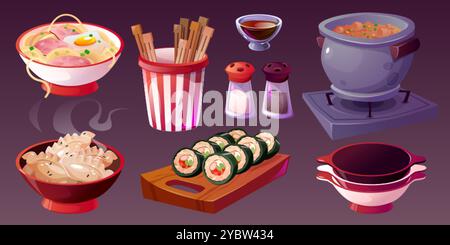 Koreanisches Essen für Café- und Restaurantkarte. Zeichentrickvektor-Illustration Set von traditionellen asiatischen Mahlzeiten - Suppe und Gimbap, Mandoo und Nudel mit Fleisch und Stock Vektor