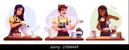 Die Barista bereiten frischen Kaffee mit einer anderen Methode zur Zubereitung von Koffeingetränken zu. Cartoon Vektor Set von Mann und Frau mit Tasse Kaffee, f Stock Vektor