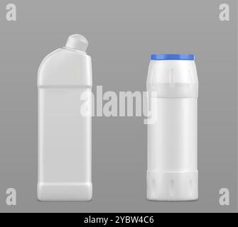 Weiße leere Kunststoffwaschmittelflasche für Flüssiggel- und Pulverreinigungschemikalien. Realistischer 3D-Vektor-Illustrationssatz des Haushalts-lau Stock Vektor