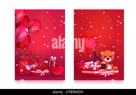 Vertikale Glückwunschbanner zum Valentinstag oder Geburtstag mit Geschenkpaketen. Schokoladenbonbons in herzförmiger Geschenkbox und Blumenstrauß aus Rosenblüten, Stock Vektor