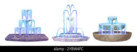 Runde Springbrunnen, isoliert auf weißem Hintergrund. Vektor-Karikaturillustration von Park- oder Gartenlandschaft Design-Elementen, Steinschalen mit klarem Blau Stock Vektor