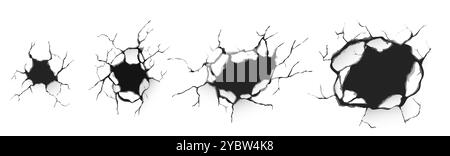 Gebrochene Betonwand oder gebrochener Boden. Realistischer 3D-Vektorsatz von Rissen und Löchern unterschiedlicher Größe in Bruchsteinoberfläche. Alt oder durch Erdbeben beschädigt. Stock Vektor