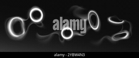 Rauchringe isoliert auf transparentem Hintergrund. Vektor-realistische Illustration von Zigarettendampfwolken mit runden Wirbeln, die in Luft, Vape oder schweben Stock Vektor