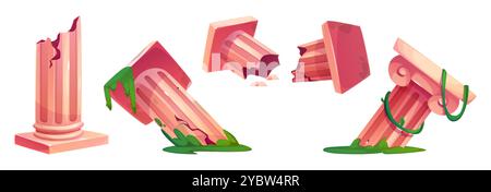 Alte griechische Architektur Säulenruinen mit grünem Moos und Weinstöcken. Zeichentrickvektor-Illustration Set von alten gebrochenen Stein römischen Tempelelementen für Histo Stock Vektor