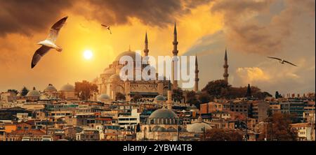 Wunderschöner Blick auf die wunderschöne historische Suleymaniye Moschee, Rustem Pasa Moschee und Gebäude vor dem dramatischen Sonnenuntergang. Istanbul beliebtester Tourismus Stockfoto