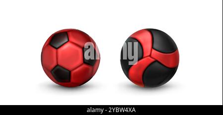 3D-Fußball. Rote und schwarze Sportsymbole. Realistisches Design-Set für Stadion-Spielelemente. Fußballspielzeug-Shooting in Scharlach und pentagon-Muster. Stock Vektor