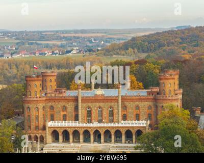 Marianna Oranska Palast, Polen. Drohnenblick auf den Palast in Kamieniec Zabkowicki, einem historischen neogotischen Palast in der Stadt Kamieniec Stockfoto