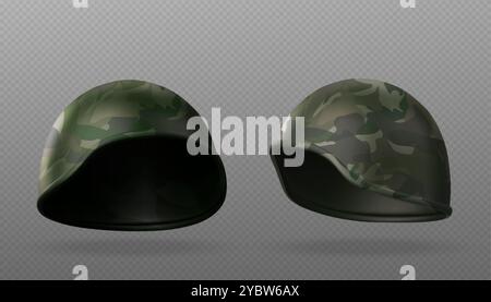 Realistischer Militärhelm mit grünem khakifarbenem Tarnmuster. 3D Vektor moderne Armee Krieger Kopfschutz Ausrüstung. Uberlebensuniform-Kleidungsstück-Mock Stock Vektor