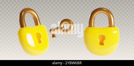 Gelb geschlossen und Türschloss mit goldenem Schlüssel entriegeln. Realistische 3D-Vektor-Illustration Set des Cartoon-Schließfachs auf transparentem Hintergrund für Sicherheit Stock Vektor