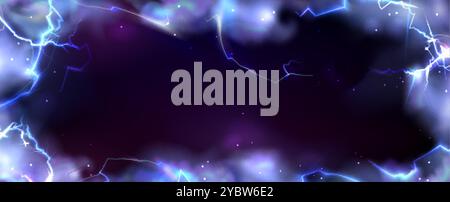 Farbblitzrahmen isoliert auf schwarzem Hintergrund. Vektor-realistische Illustration der Blitzbegrenzung mit verschwommenem Nebeleffekt, Neonblitz-Risse für Stock Vektor