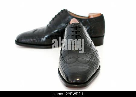 Hochwertige, Handgefertigte Britische Schuhe. Schwarze Krokodilhaut. Stockfoto