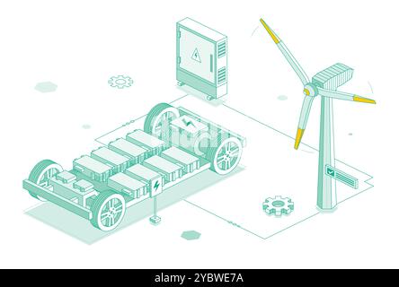 Elektroauto-Plattform mit Transformator und Windenergieanlage. Chassis mit Lithium-Batteriezellen-Pack. Modulares System. Vektorabbildung. Stock Vektor