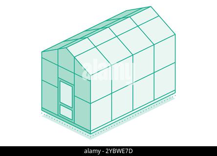 Isometrisches Gewächshaus. Vektorabbildung. Landwirtschaft und Gartenbau. Geschlossene Tür. Konturobjekt isoliert auf weißem Hintergrund. Glashaus. Stock Vektor