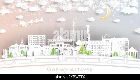 Gorno-Altaysk Russland. Winter City Skyline im Papierschnitt mit Schneeflocken, Mond- und Neongirlanden. Weihnachts- und Neujahrskonzept. Stock Vektor