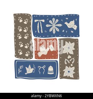 Festliche Urlaubstauben, Schneeflocken und Geschenke, in Blau, Rot, und braune Farbblöcke. Vektor Hand gezeichnet flache Illustration isoliert auf weißem Hintergrund. Stock Vektor
