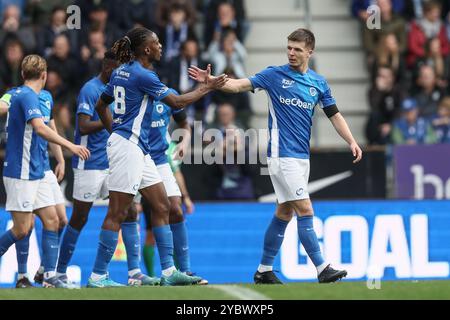 Genk, Belgien. Oktober 2024. Genks Jarne Steuckers feiert nach einem Torschuss während eines Fußballspiels zwischen KRC Genk und STVV am Sonntag, den 20. Oktober 2024 in Genk, am 11. Tag der Saison 2024-2025 der ersten Liga der „Jupiler Pro League“ der belgischen Meisterschaft. BELGA FOTO BRUNO FAHY Credit: Belga News Agency/Alamy Live News Stockfoto